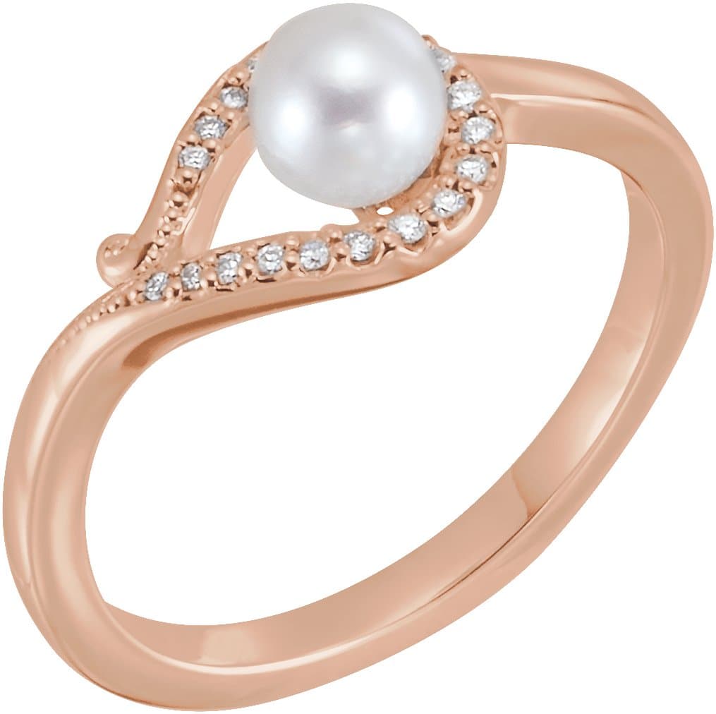 14K Rose Cultured White Freshwater Pearl & .08 CTW Natural Diamond Bypass Ring