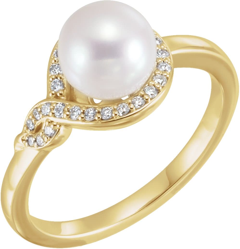 14K Rose Cultured White Freshwater Pearl & 1/8 CTW Natural Diamond Bypass Ring