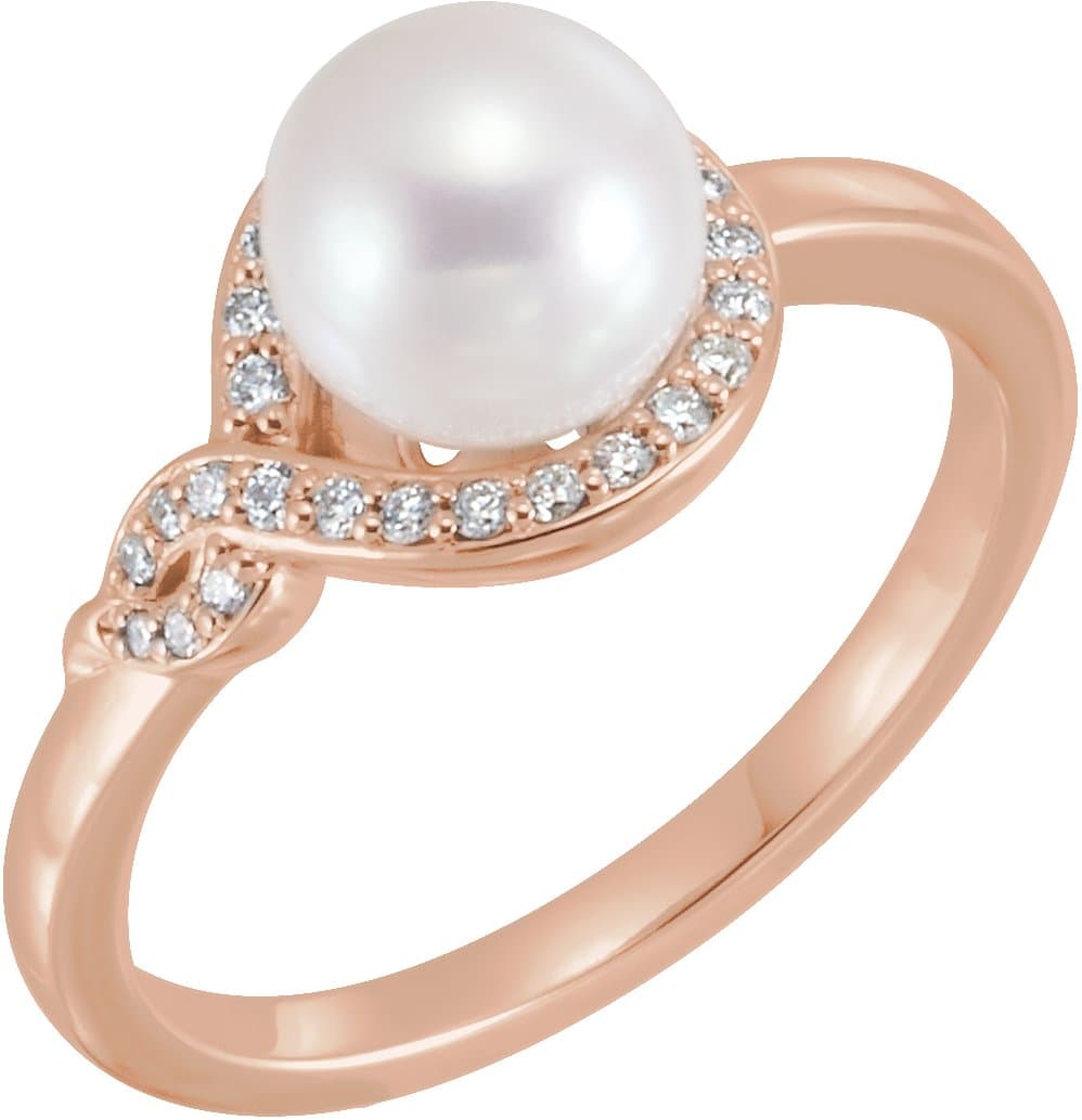 14K Rose Cultured White Freshwater Pearl & 1/8 CTW Natural Diamond Bypass Ring