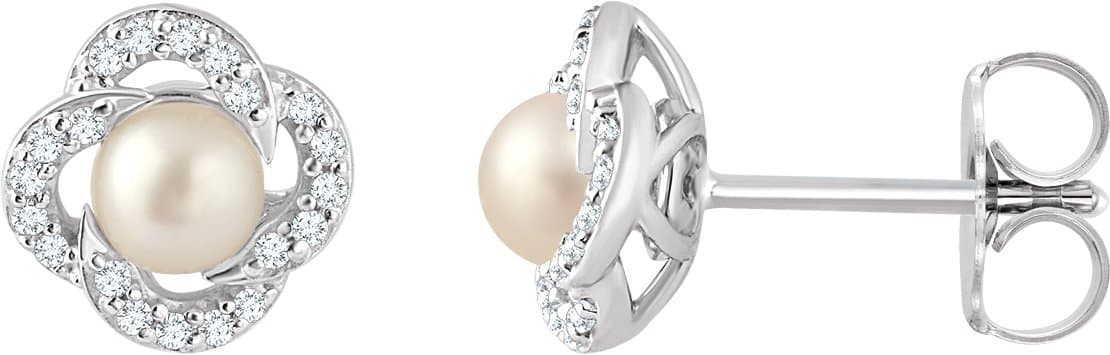 14K White Cultured White Freshwater Pearl & 1/6 CTW Natural Diamond Earrings