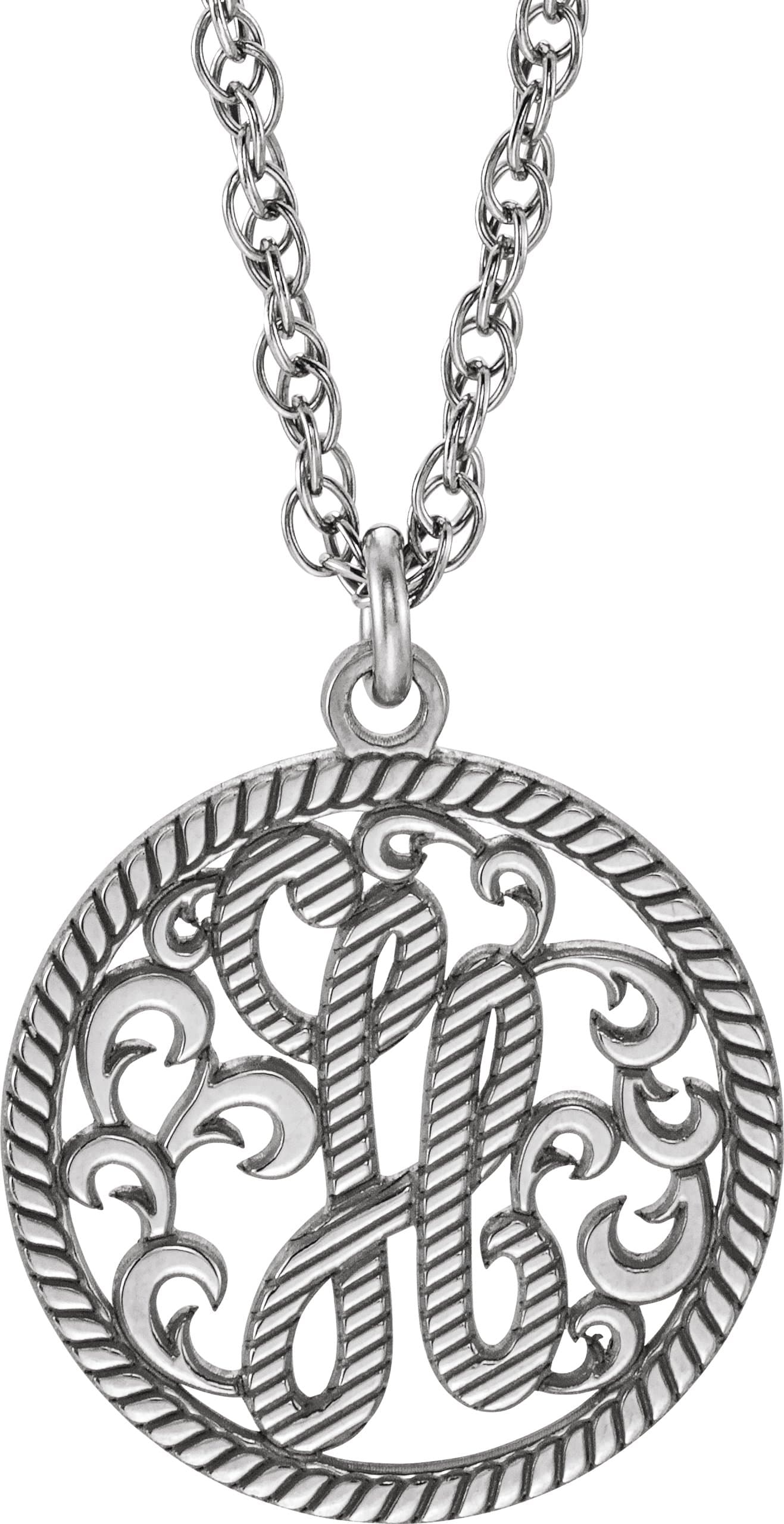 10K White Gold 15 mm 1-Initial Script & Rope Monogram 16" Necklace