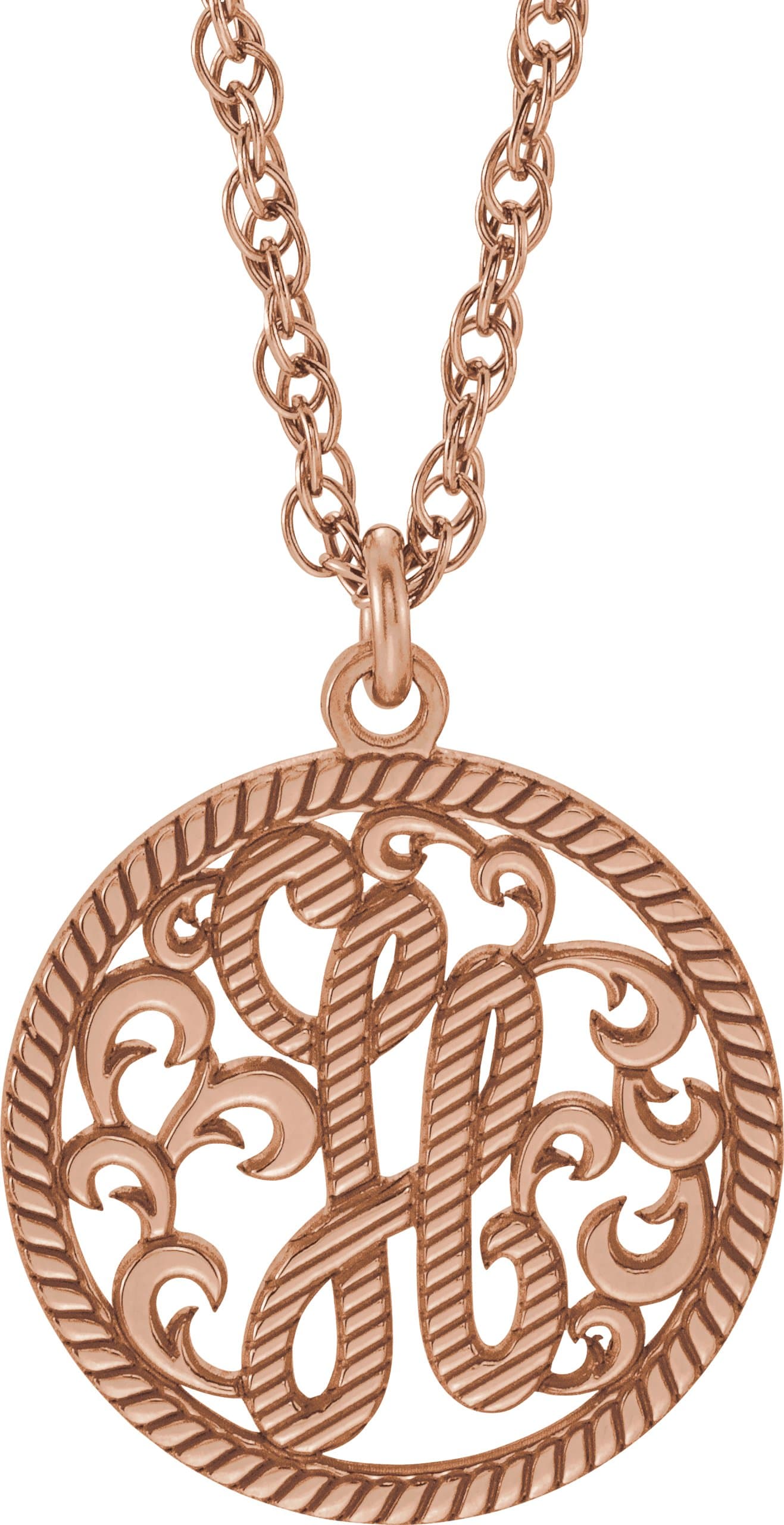 10K White Gold 15 mm 1-Initial Script & Rope Monogram 16" Necklace