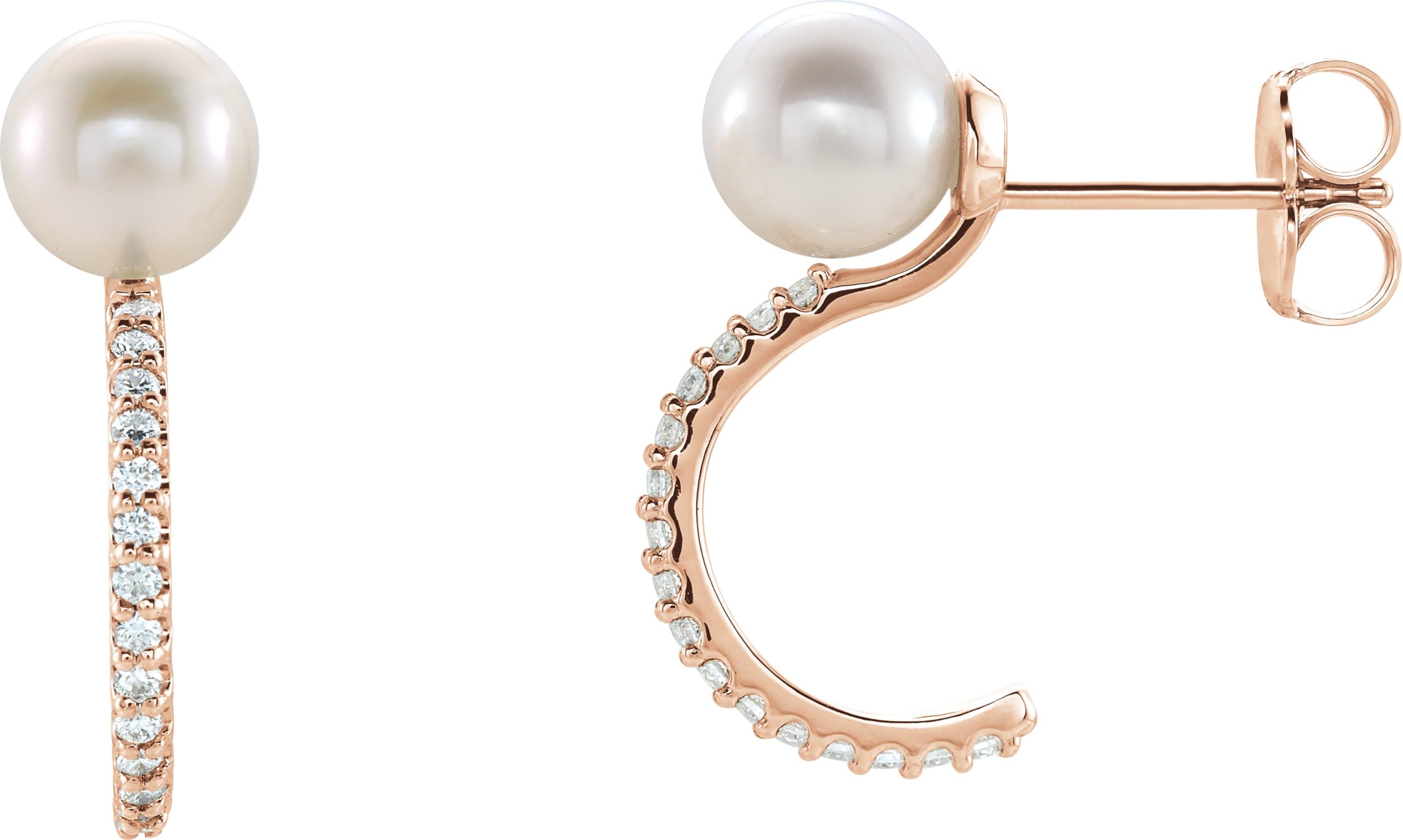 14K Rose Cultured White Freshwater Pearl & 1/6 CTW Natural Diamond Hoop Earrings