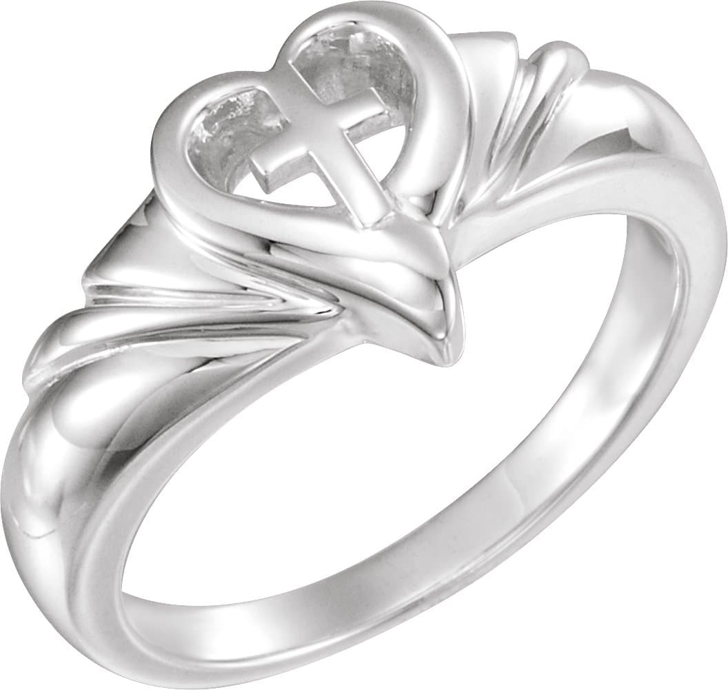14K White Heart & Cross Ring