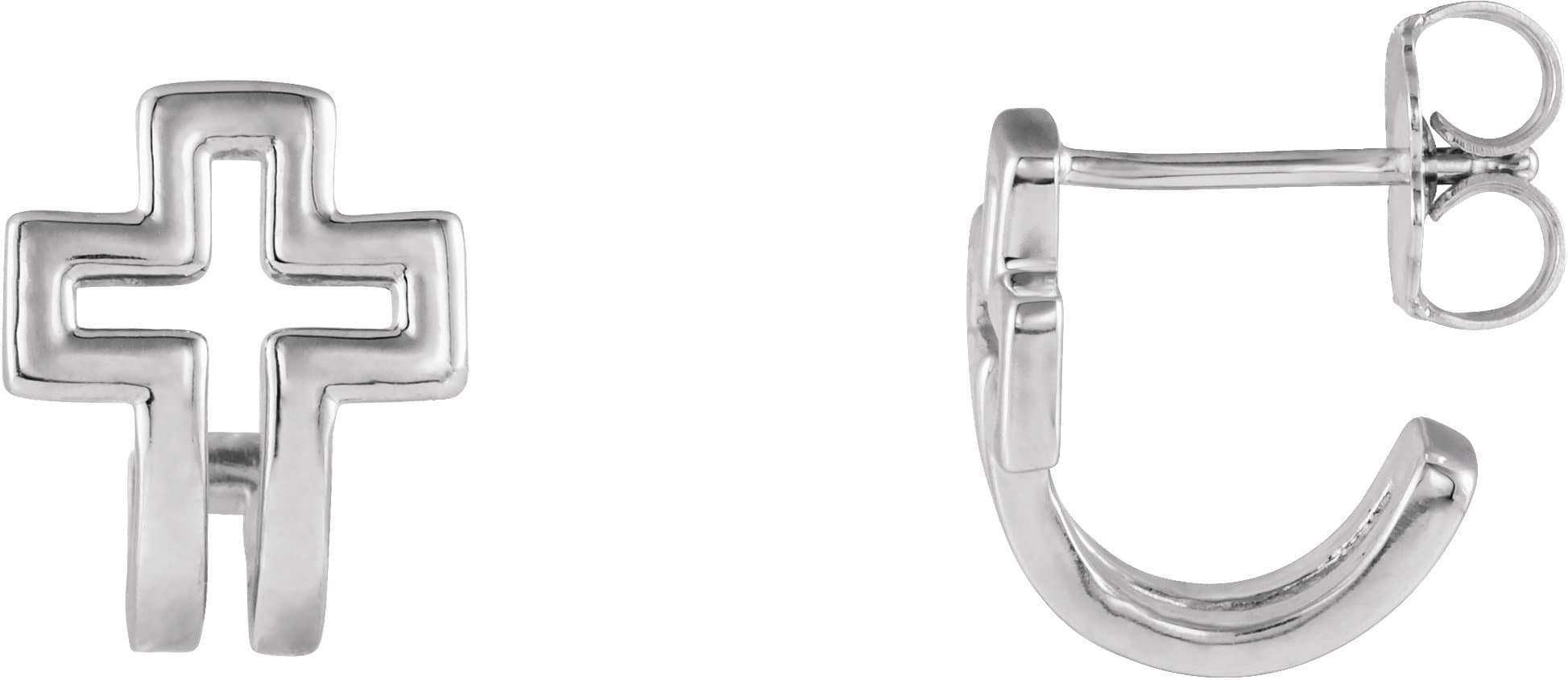 14K White Open Cross J-Hoop Earrings