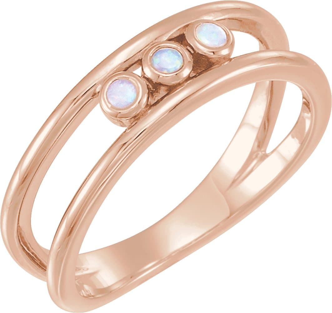 14K Rose Natural White Opal Three-Stone Bezel-Set Ring