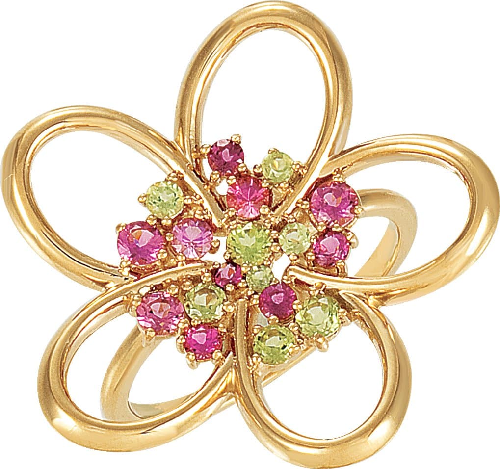 14K White Peridot & Natural Pink Tourmaline Floral Ring