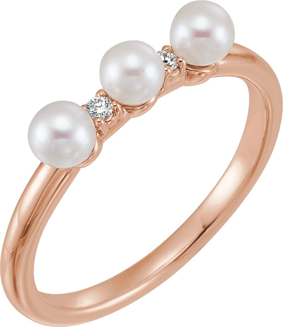 14K Rose Cultured White Freshwater Pearl & .03 CTW Natural Diamond Stackable Ring
