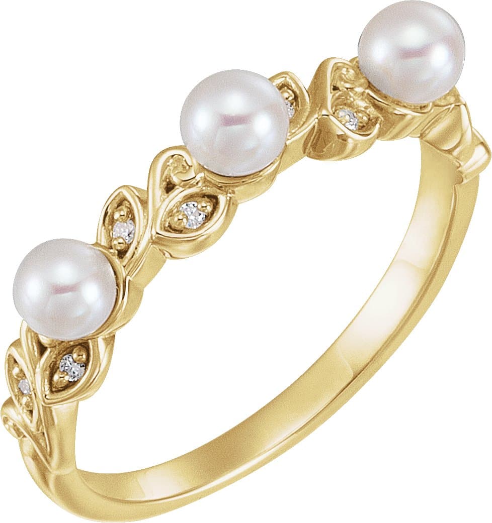 14K Rose Cultured White Seed Pearl & .03 CTW Natural Diamond Ring