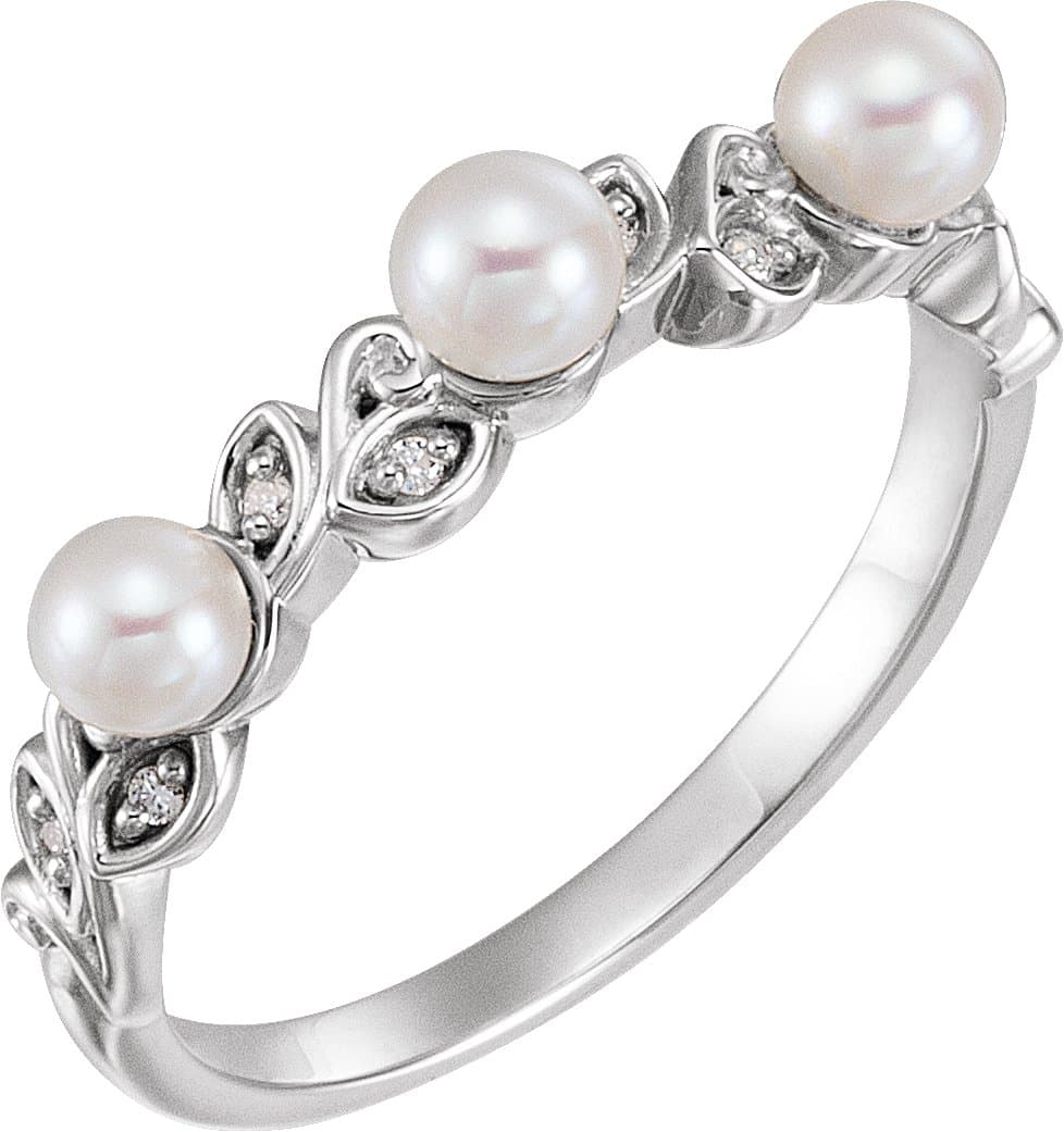 14K Rose Cultured White Seed Pearl & .03 CTW Natural Diamond Ring
