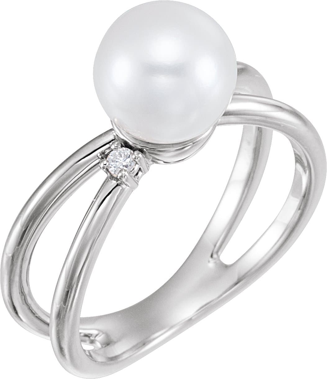 14K Rose Cultured White Freshwater Pearl & .04 CTW Natural Diamond Ring