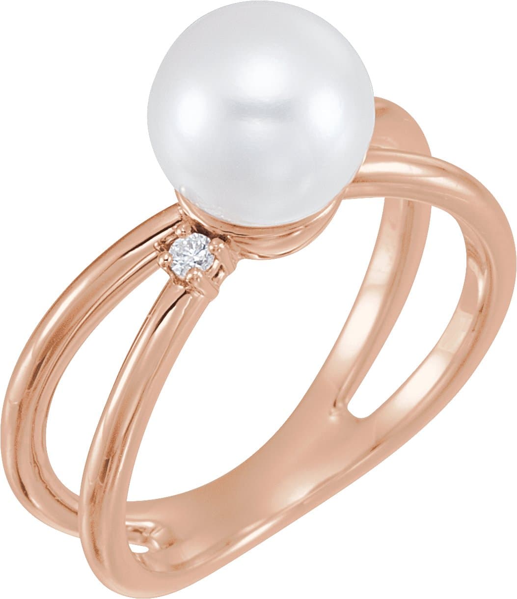 14K Rose Cultured White Freshwater Pearl & .04 CTW Natural Diamond Ring