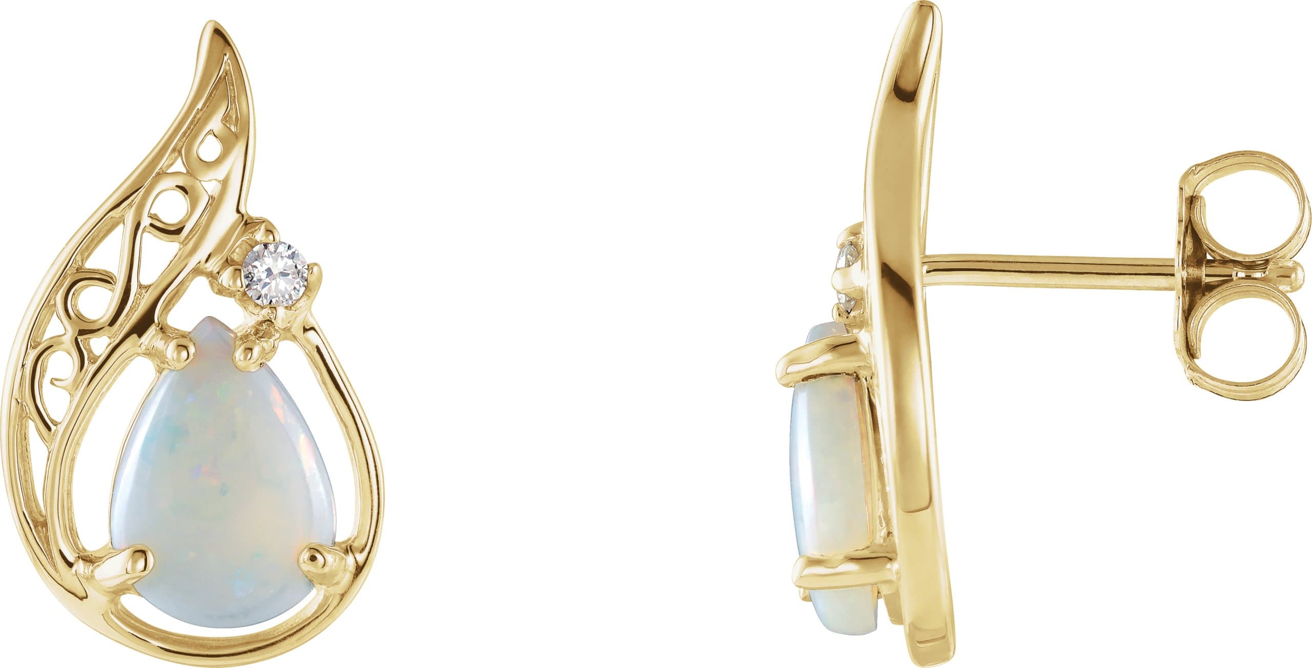 14K Yellow Natural White Opal & .03 CTW Natural Diamond Earrings