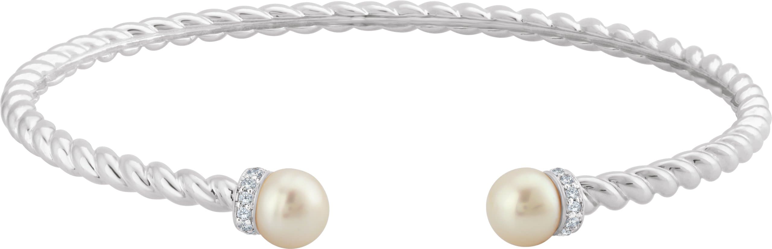 14K White Cultured White Freshwater Pearl & 1/10 CTW Natural Diamond Cuff 7 Bracelet