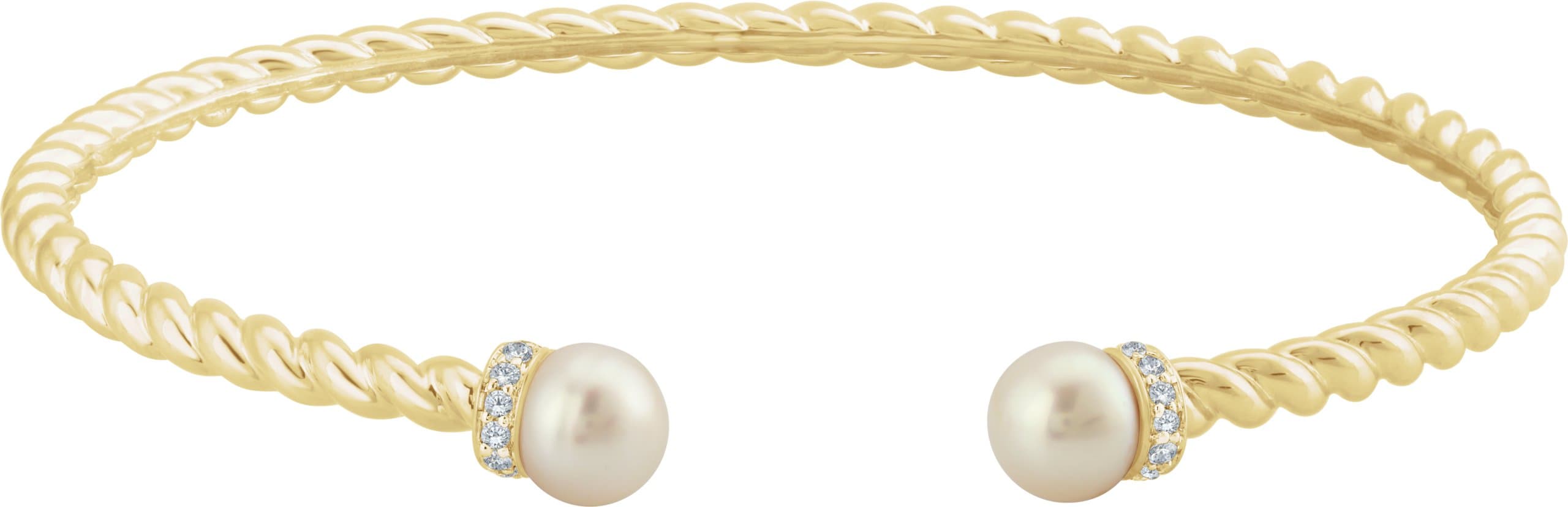 14K White Cultured White Freshwater Pearl & 1/10 CTW Natural Diamond Cuff 7 Bracelet
