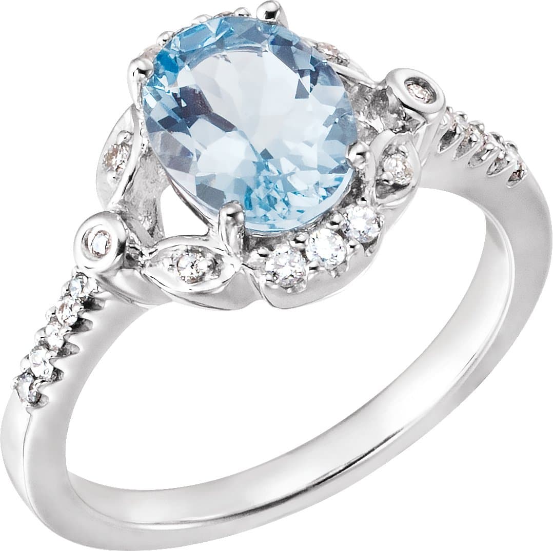 14K White Natural Aquamarine & 1/6 CTW Natural Diamond Ring