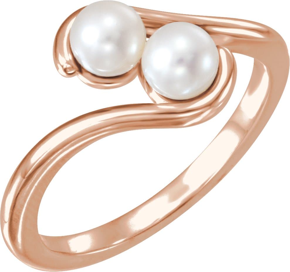 14K Rose Cultured White Freshwater Pearl Two-Stone Ring