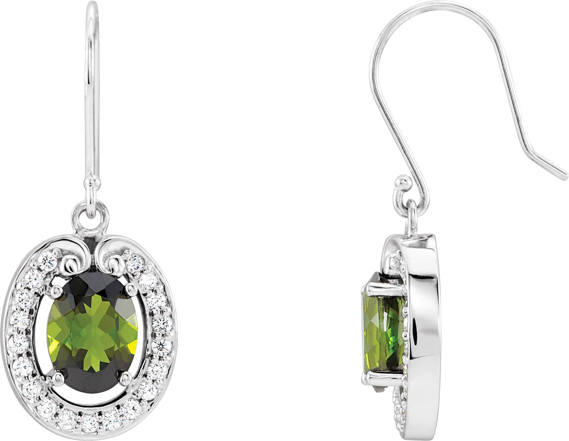 14K White Natural Green Tourmaline & 3/8 CTW Natural Diamond Halo-Style Earrings