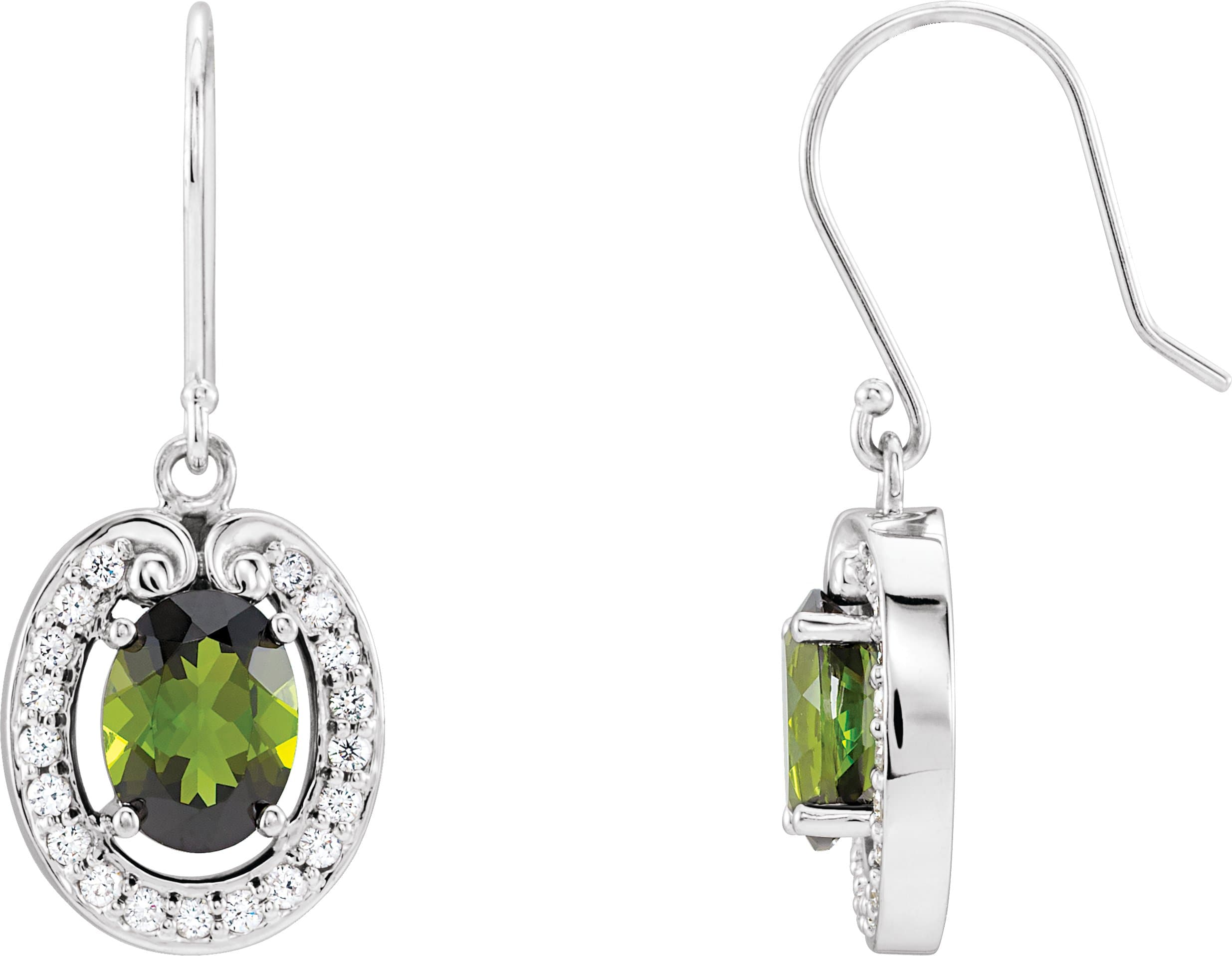 14K White Natural Green Tourmaline & 3/8 CTW Natural Diamond Halo-Style Earrings