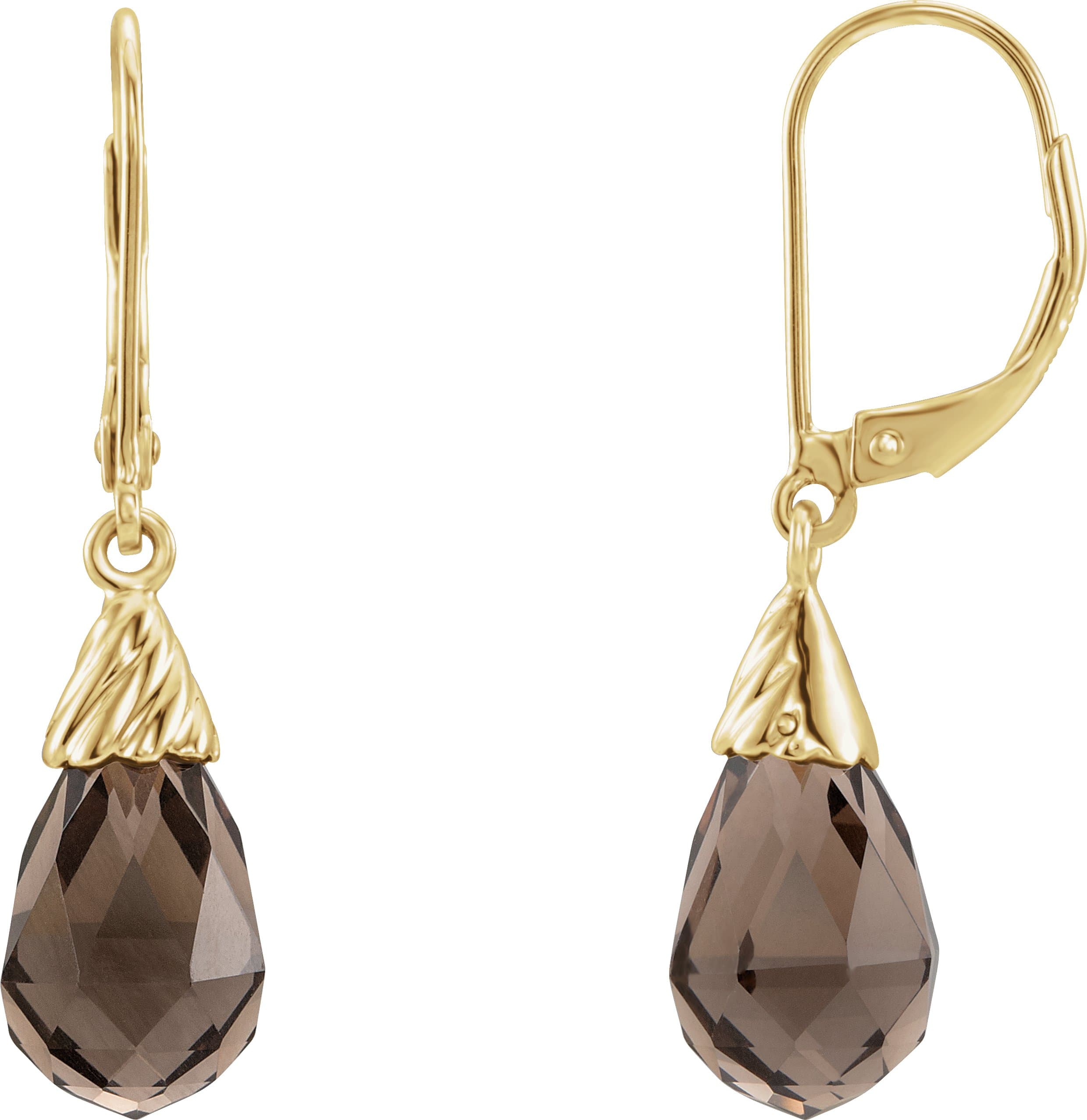 14K White Natural Smoky Quartz Briolette Lever Back Earrings
