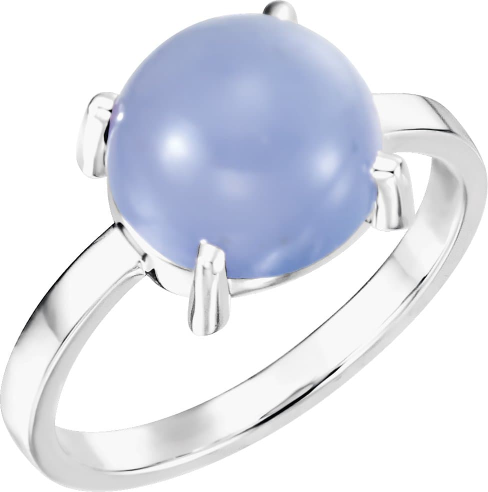 14K White 10 mm Round Natural Blue Chalcedony Cabochon Ring