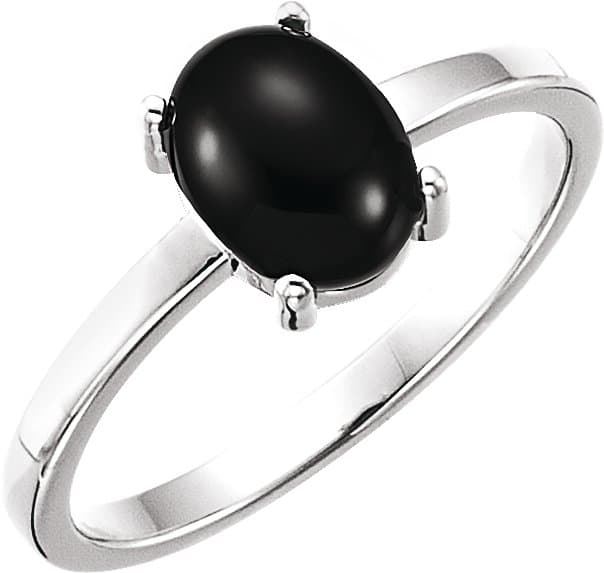 14K White 8x6 mm Oval Natural Black Onyx Cabochon Ring