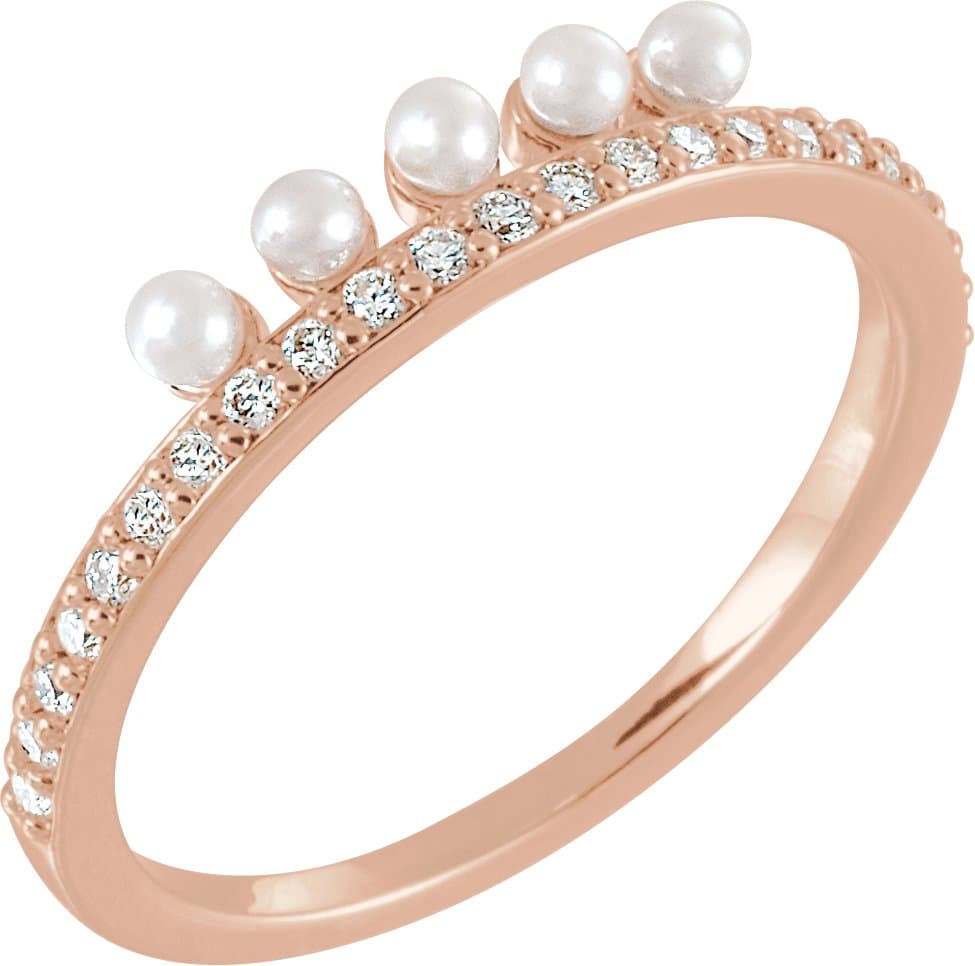 14K Rose Cultured White Freshwater Pearl & 1/5 CTW Natural Diamond Stackable Ring