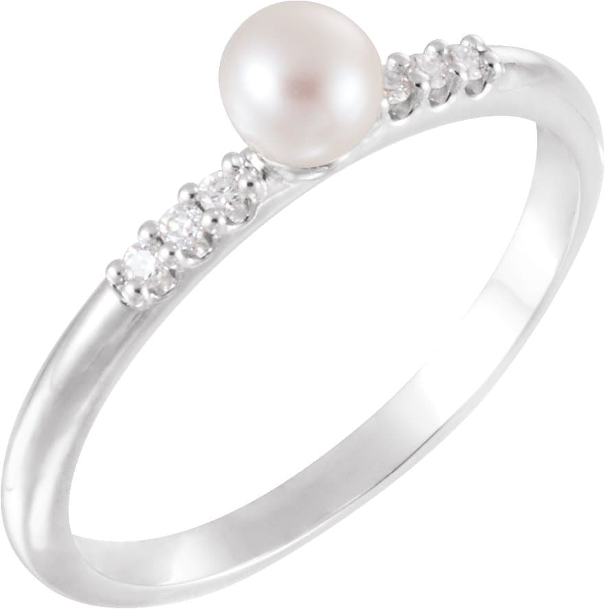 14K Rose Cultured White Freshwater Pearl & .05 CTW Natural Diamond Ring