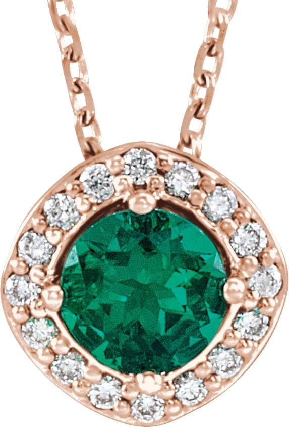 14K Rose Lab-Grown Emerald & .08 CTW Natural Diamond 18 Necklace