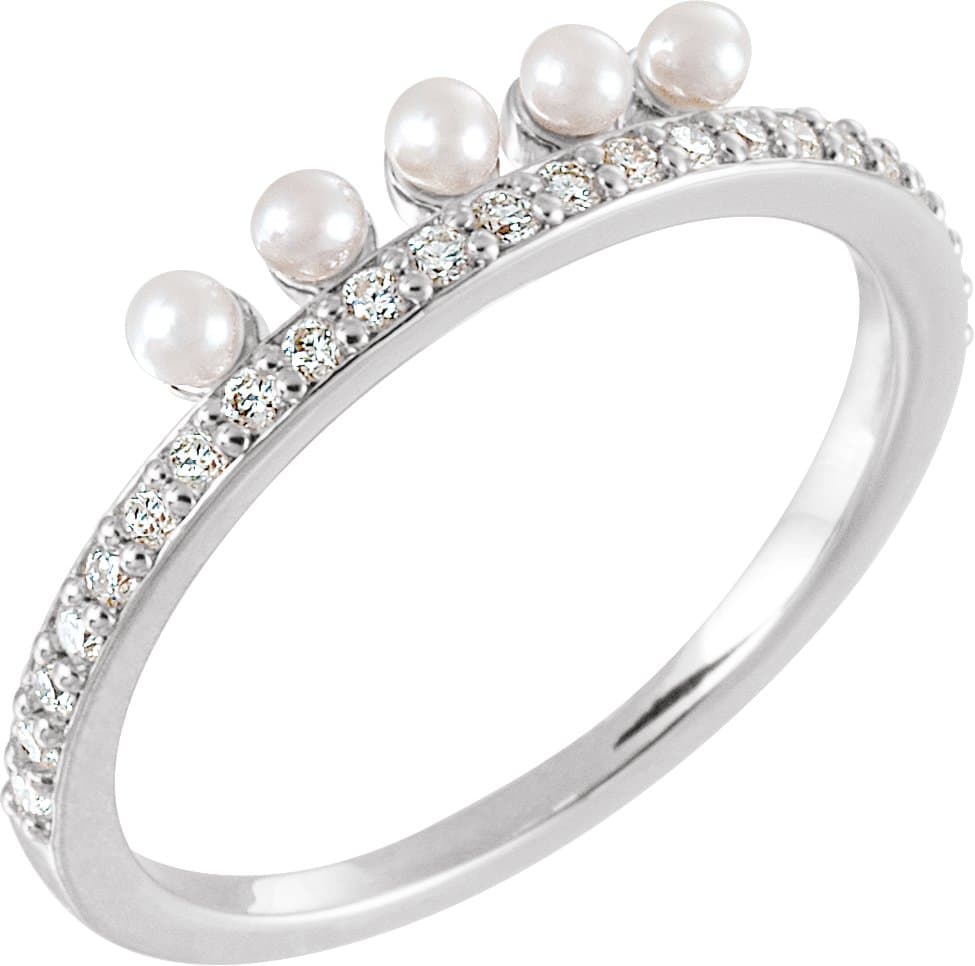14K Rose Cultured White Freshwater Pearl & 1/5 CTW Natural Diamond Stackable Ring