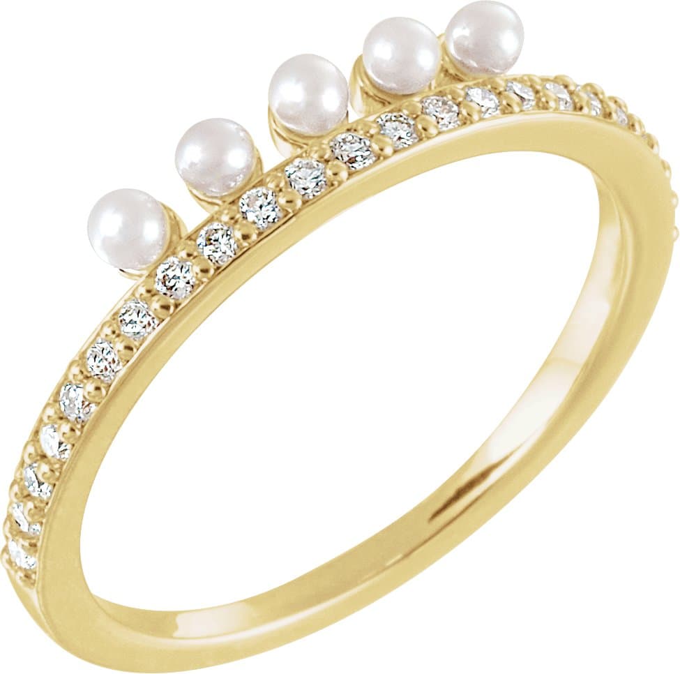 14K Rose Cultured White Freshwater Pearl & 1/5 CTW Natural Diamond Stackable Ring