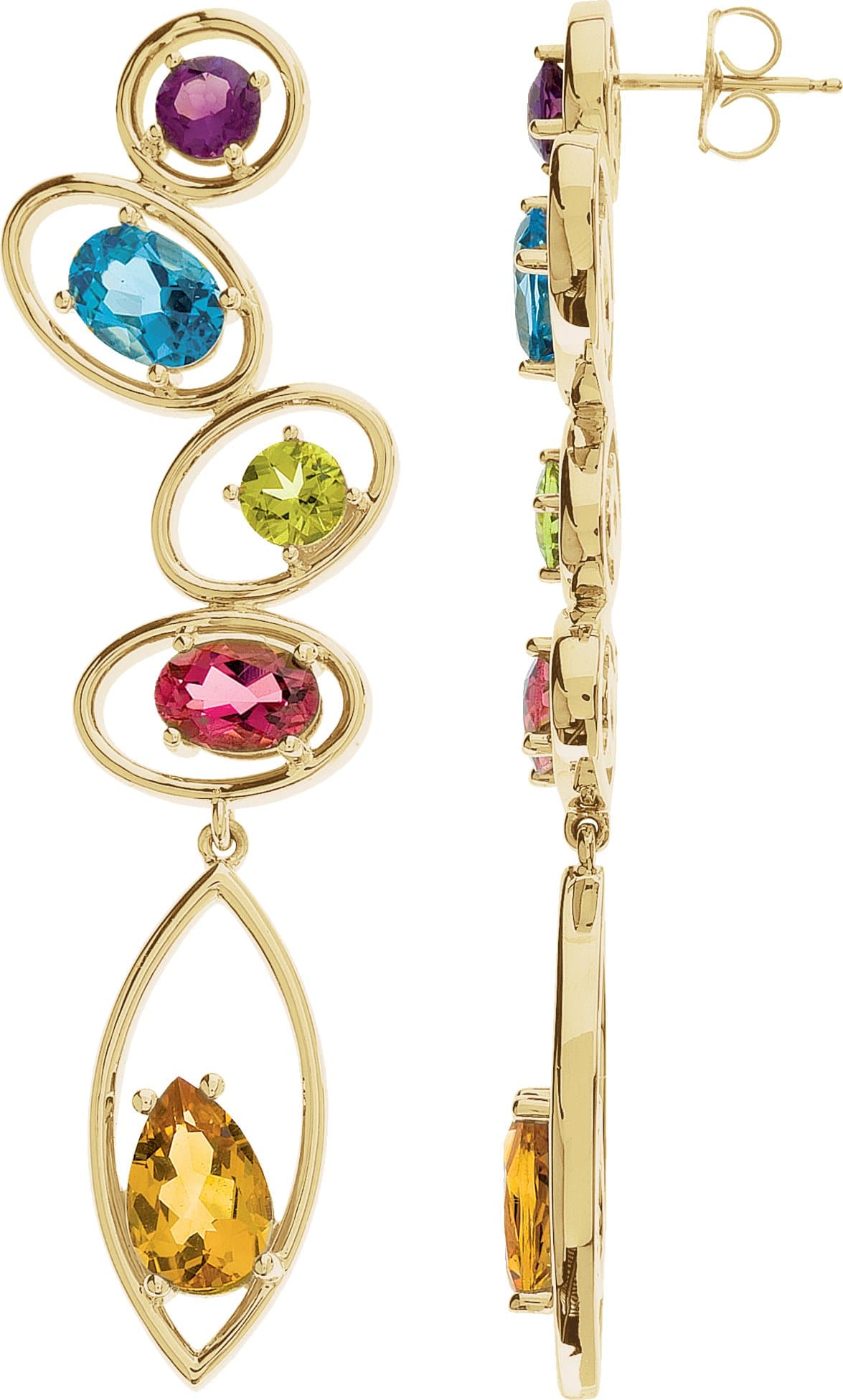 14K Yellow Natural Amethyst, Natural Swiss Blue Topaz, Natural Peridot, Natural Pink Tourmaline & Natural Citrine Earrings