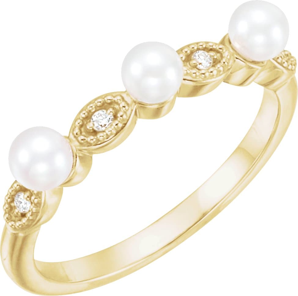 14K Rose Cultured White Freshwater Pearl & .03 CTW Natural Diamond Stackable Ring