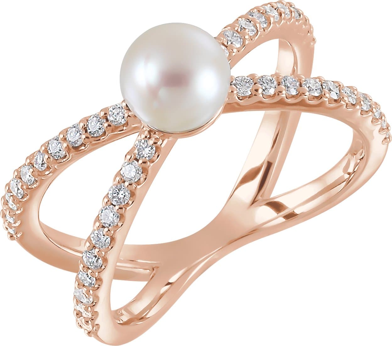 14K Rose Cultured White Freshwater Pearl & 3/8 CTW Natural Diamond Ring