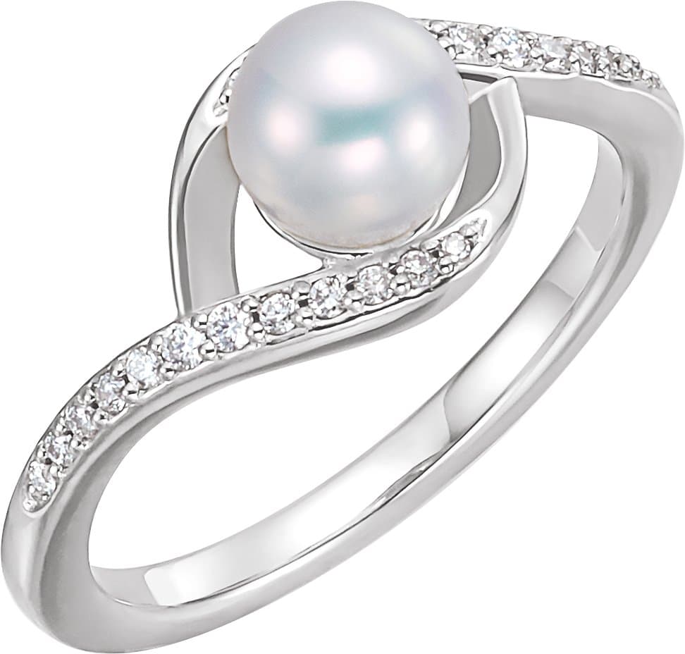 14K Rose Cultured White Freshwater Pearl & 1/8 CTW Natural Diamond Ring