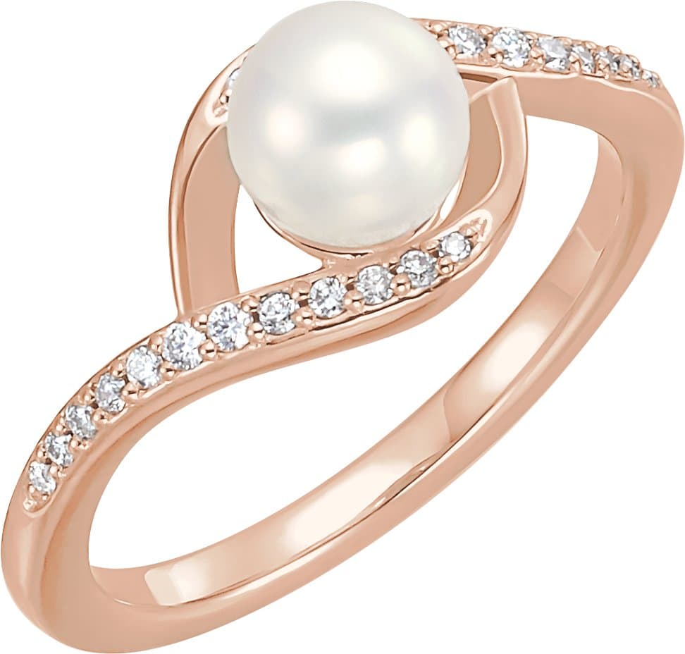 14K Rose Cultured White Freshwater Pearl & 1/8 CTW Natural Diamond Ring