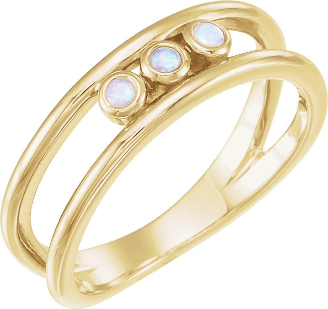14K Rose Natural White Opal Three-Stone Bezel-Set Ring