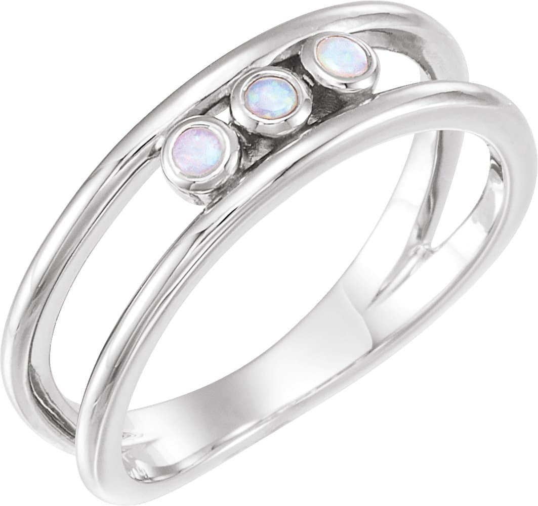 14K Rose Natural White Opal Three-Stone Bezel-Set Ring