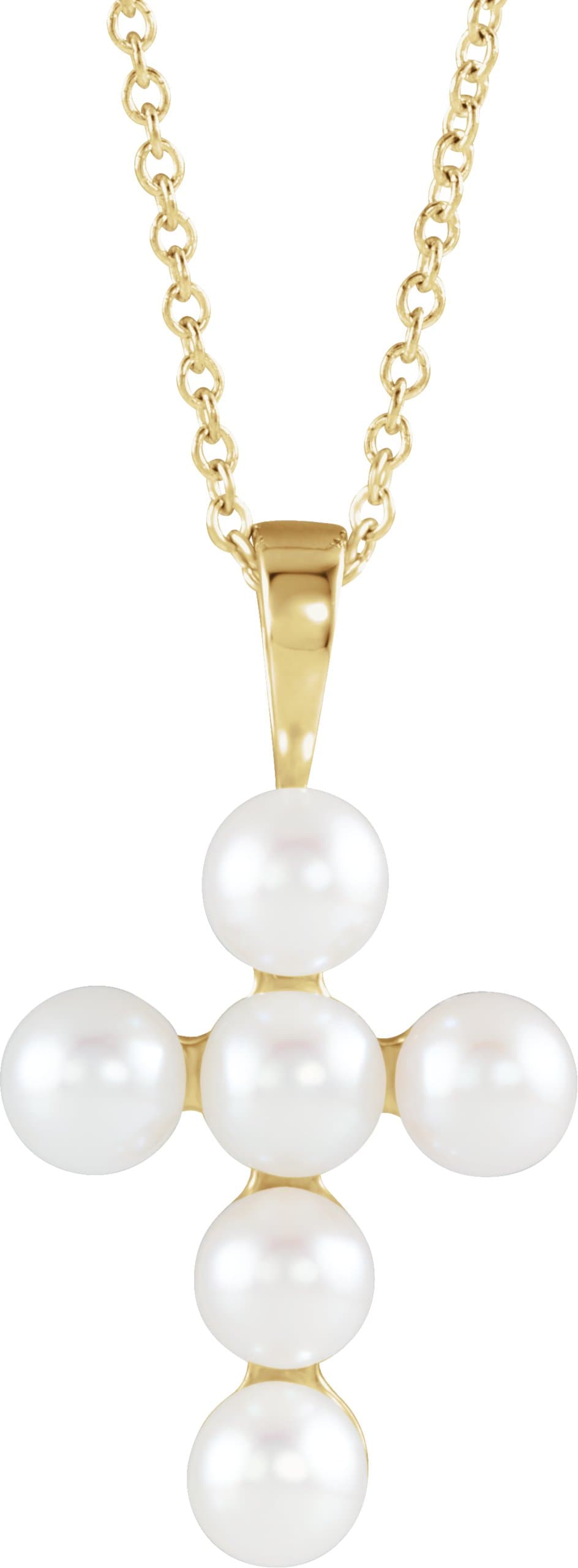 14K Yellow Cultured White Freshwater Pearl Cross 16-18 Necklace