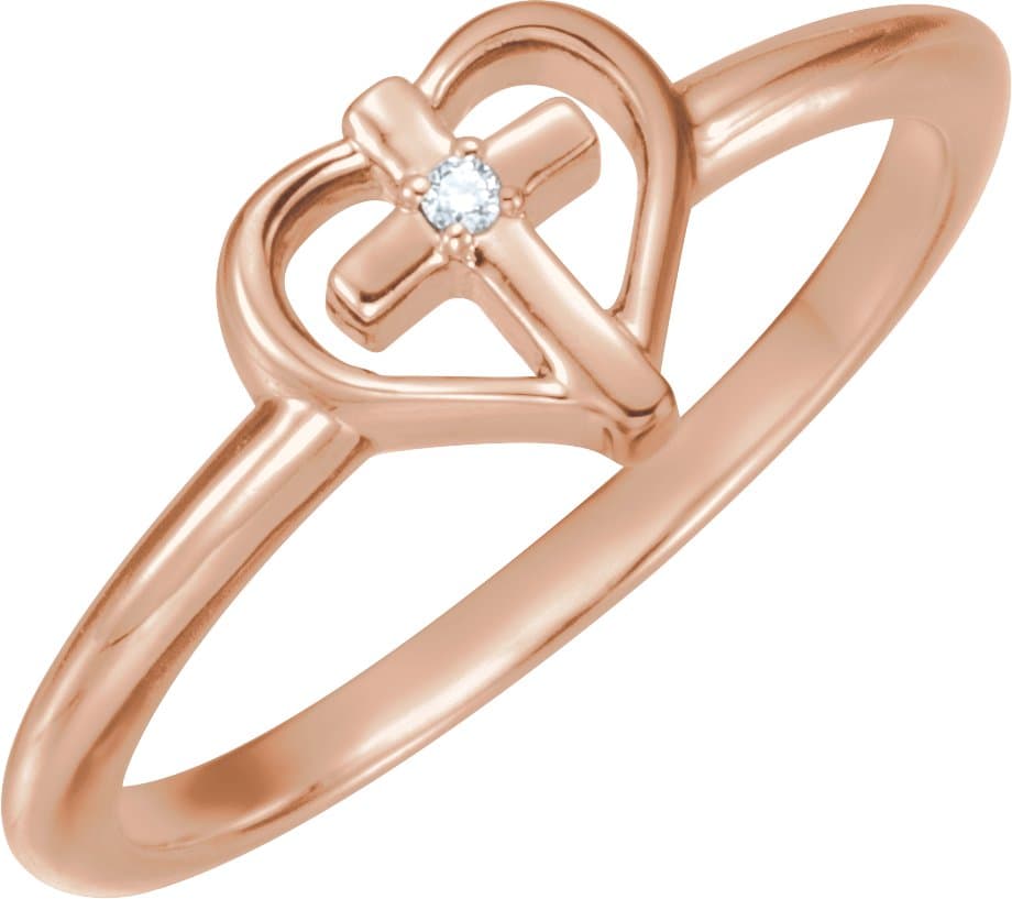 14K Rose .01 CT Natural Diamond Cross & Heart Ring