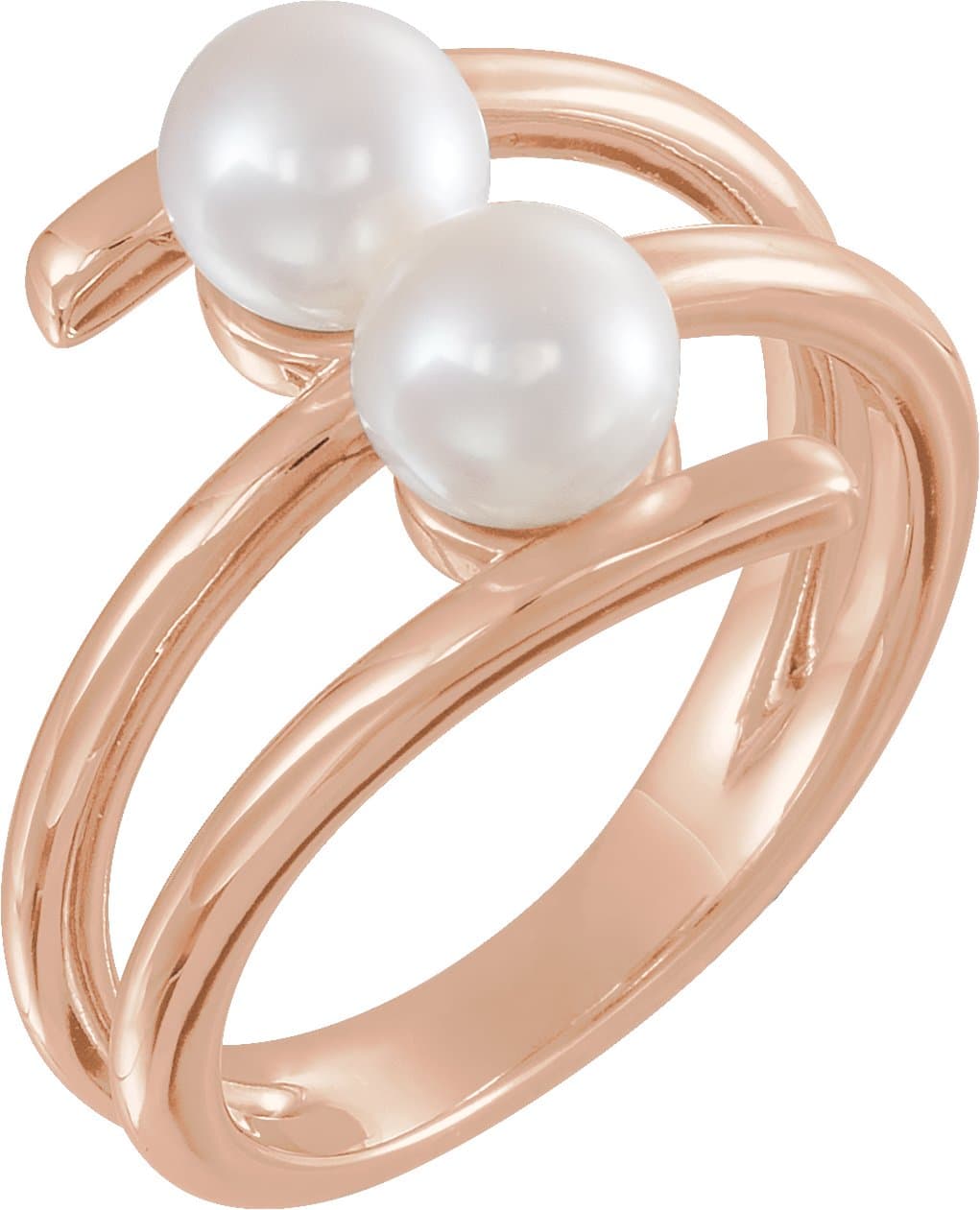 14K Rose Cultured White Freshwater Pearl Two-Stone Ring