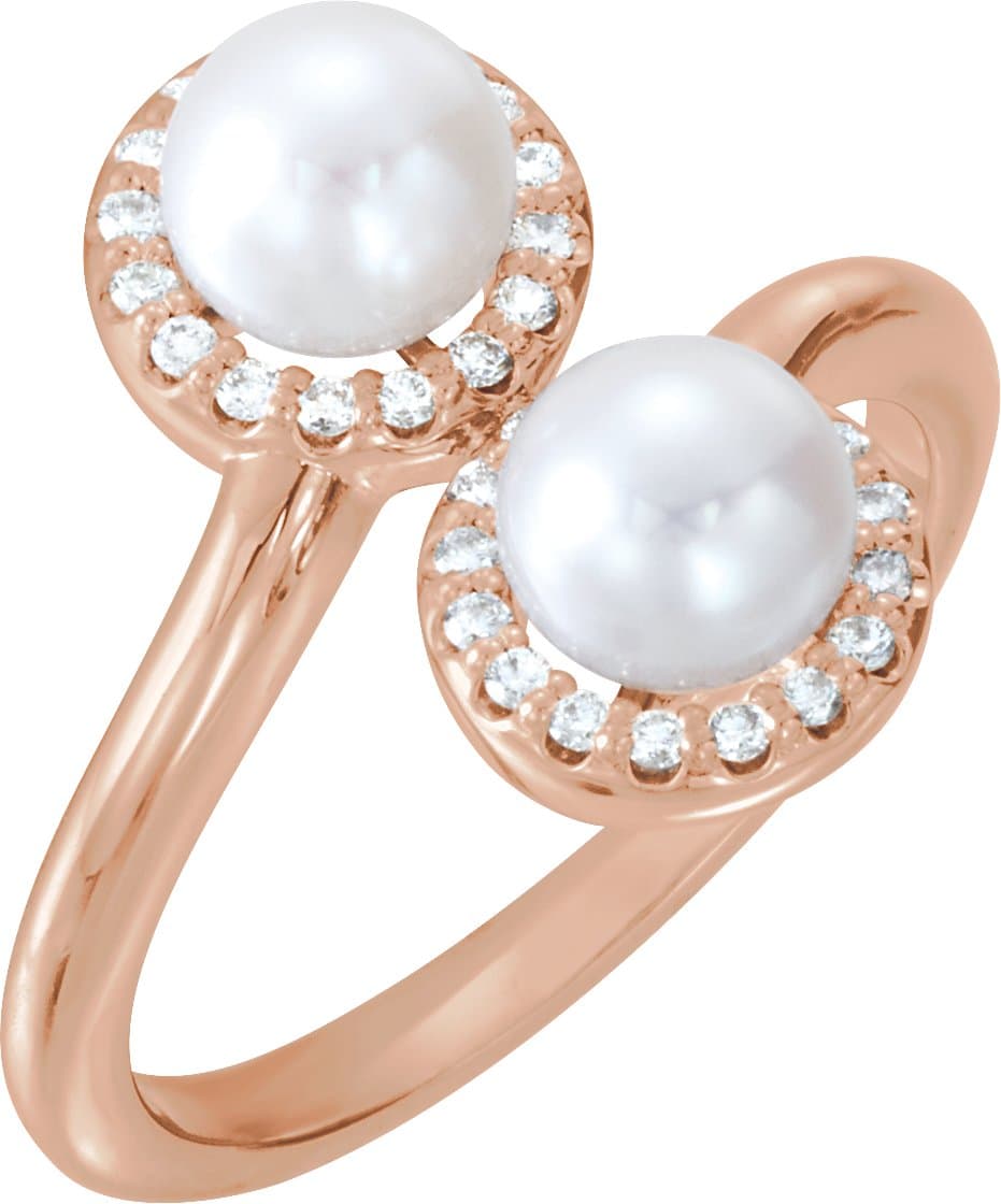 14K Rose Cultured White Freshwater Pearl & 1/6 CTW Natural Diamond Ring