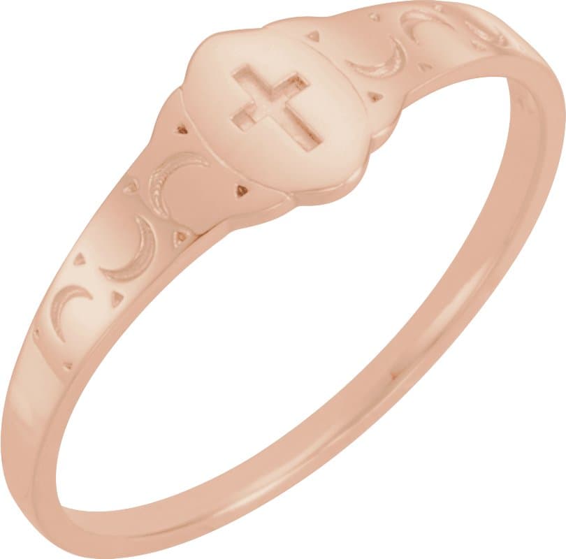 14K Rose Oval Youth Cross Signet Ring