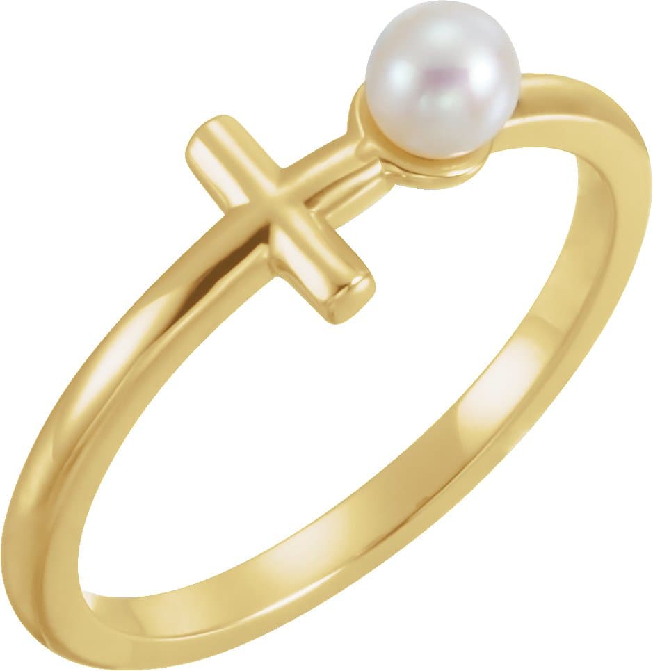 14K Rose Cultured White Freshwater Pearl Sideways Cross Ring