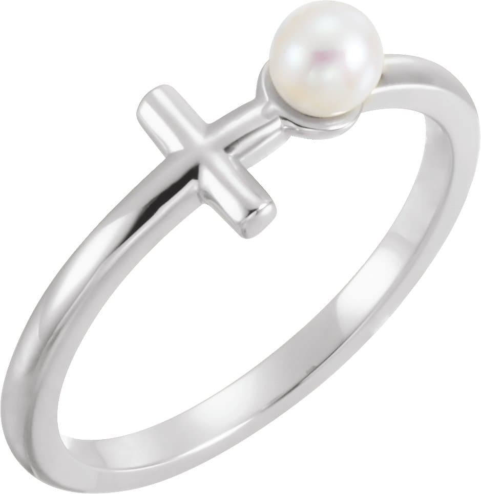 14K Rose Cultured White Freshwater Pearl Sideways Cross Ring