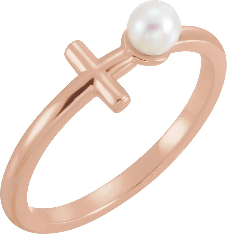 14K Rose Cultured White Freshwater Pearl Sideways Cross Ring