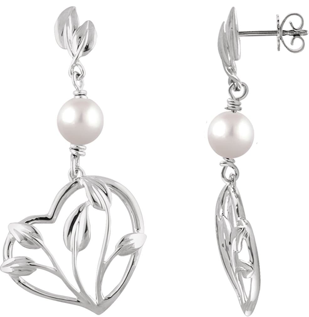 14K Yellow Cultured White Freshwater Pearl Leaf & Heart Earrings
