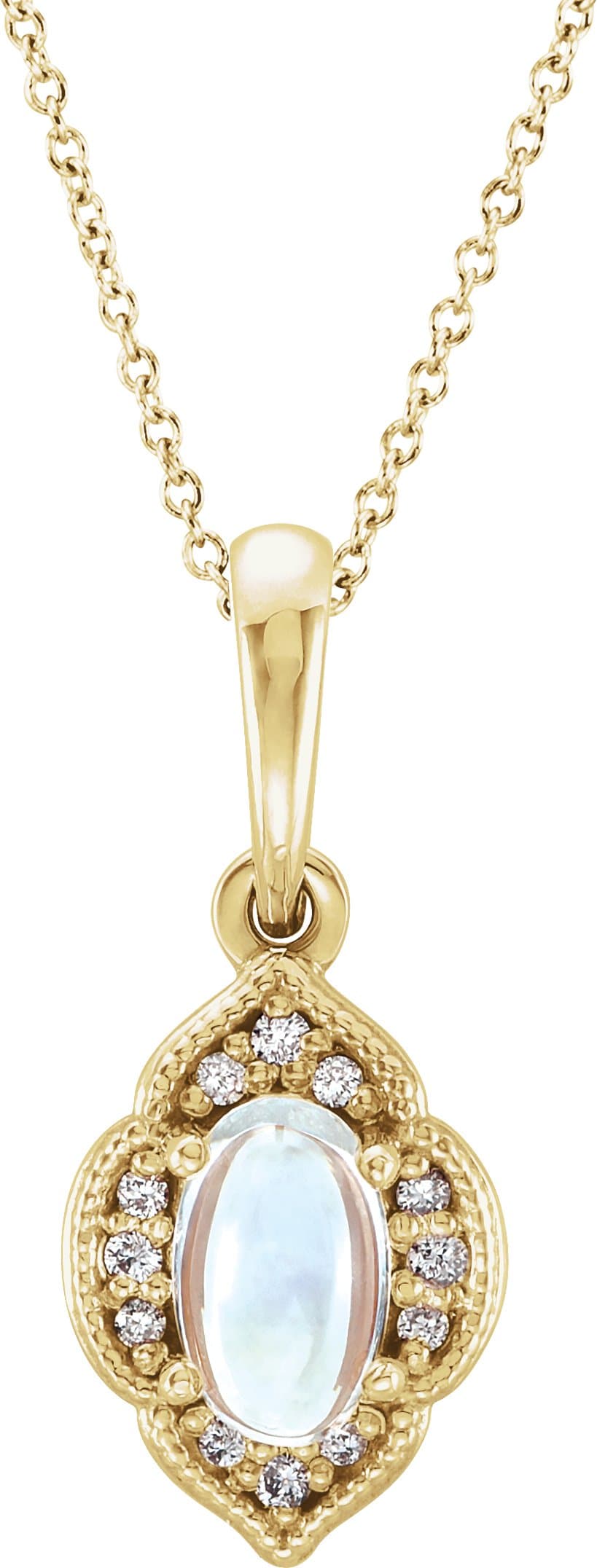 14K Yellow Natural Rainbow Moonstone & .03 CTW Natural Diamond Clover 16-18 Necklace