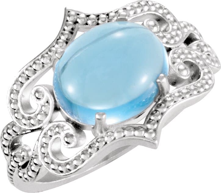 14K White Natural Swiss Blue Topaz Cabochon Ring