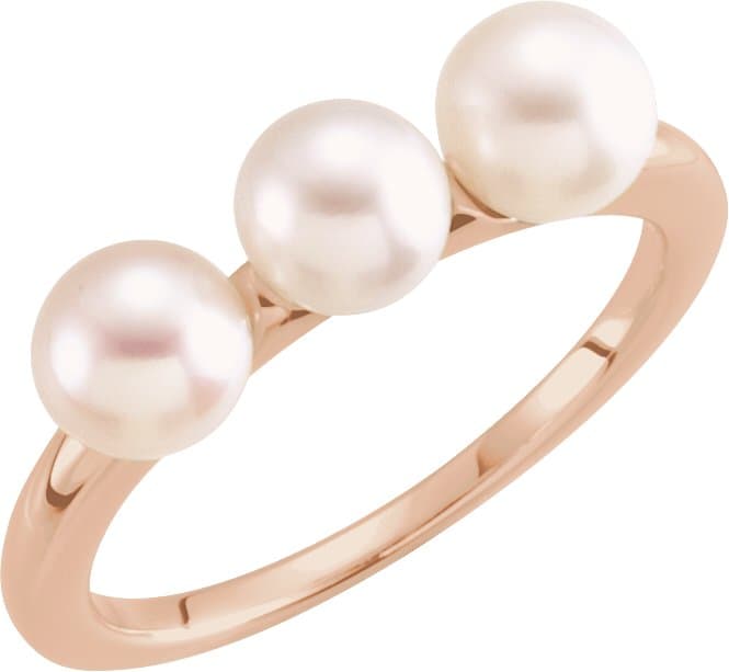 14K Rose Cultured White Freshwater Pearl Three-Stone Ring